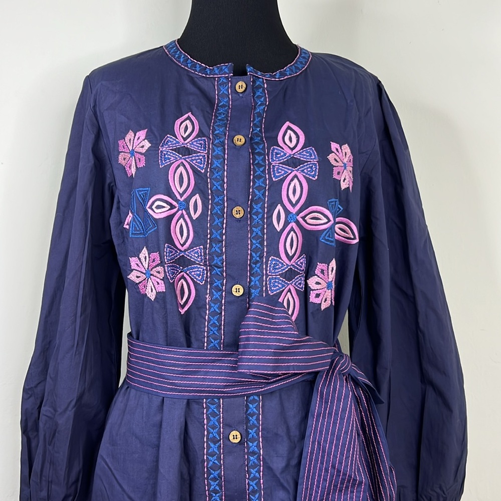 BELLA TU Navy Embroidered Longsleeve Dress XS - Picture 2 of 9